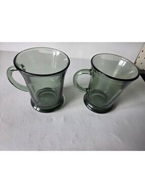 Anchor Hocking Fern Green Glass Footed Coffee Mugs USA Vintage Clear Cup SG2